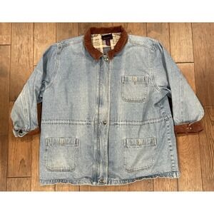 Denim & Co Long Blue Denim Coat Flannel Lined Chore Barn Vintage Womens 3X